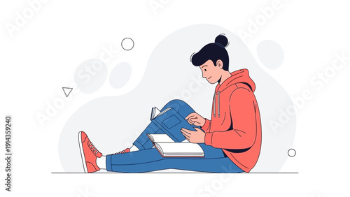 Young person reading a book, relaxed at home, learning, education, lifestyle illustration