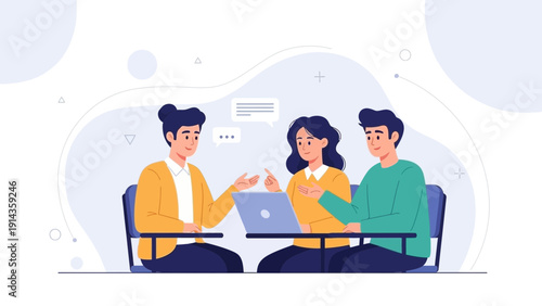Diverse team collaborating on laptop, discussing ideas, modern flat illustration
