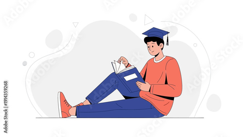 Student in graduation cap reading a book, education concept