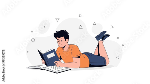 Young man lying down reading a book with minimalist background