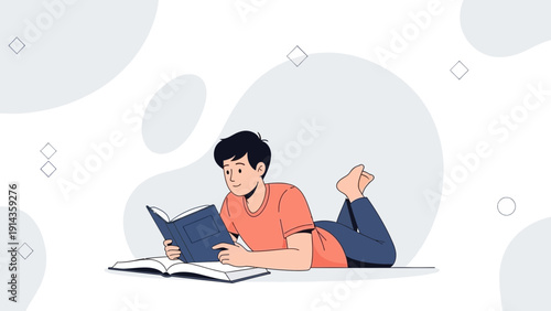 Young man reading book lying down, modern illustration, education concept