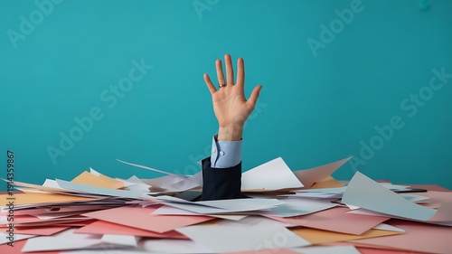 Overwhelmed Person's Hand Reaching Out from a Mountain of Papers on Teal Background