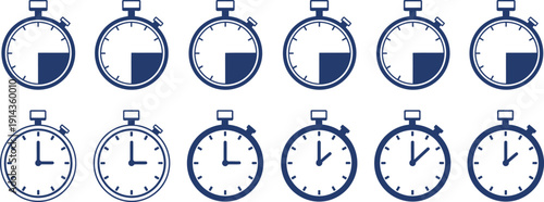 Ten stopwatch icons isolated on transparent background