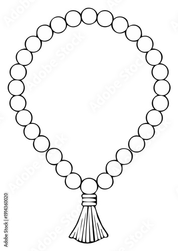 Detailed black and white drawing of a prayer mala with tassel.