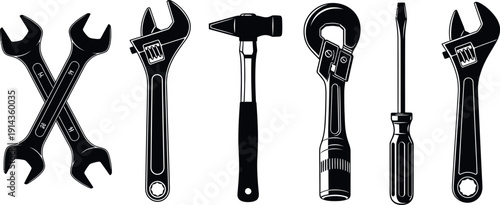A set of six black silhouettes of various tools isolated on transparent background