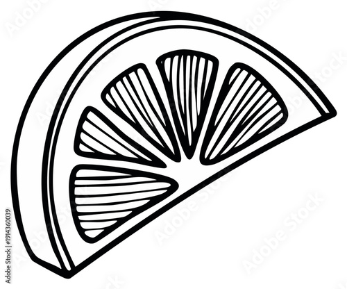 Stylized black and white outline illustration of a single lime wedge with radiating segments and a thick rind