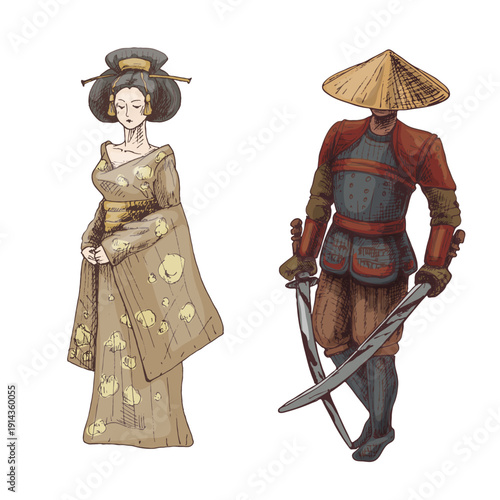 Japanese samurai with two crossed sword. Vintage vector hatching illustration.