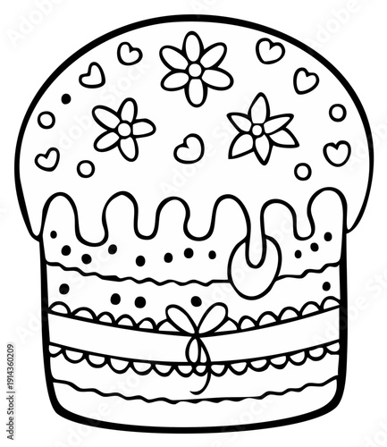 Hand drawn doodle illustration of a traditional Easter kulich cake for a coloring page
