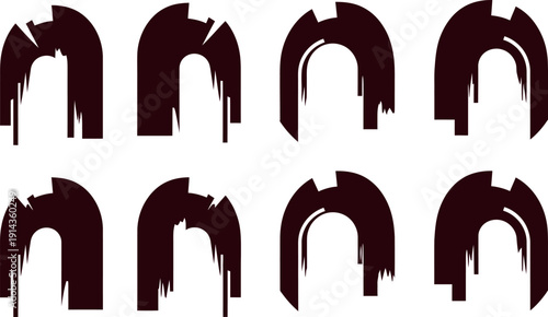 Eight identical dark brown arch shapes isolated on transparent background