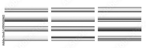 Set of black halftone dot gradient elements on horizontal banners. Abstract grunge graphic pattern for overlay, design layout, retro texture.