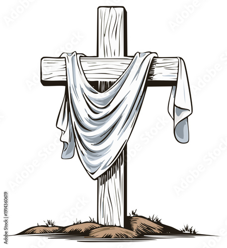 Wooden cross with draped white cloth isolated on white symbolizing resurrection faith and hope