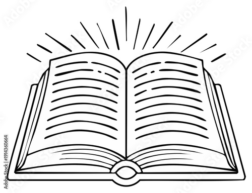 Open book vector illustration with light rays radiating upward emphasizing knowledge learning literature reading story telling