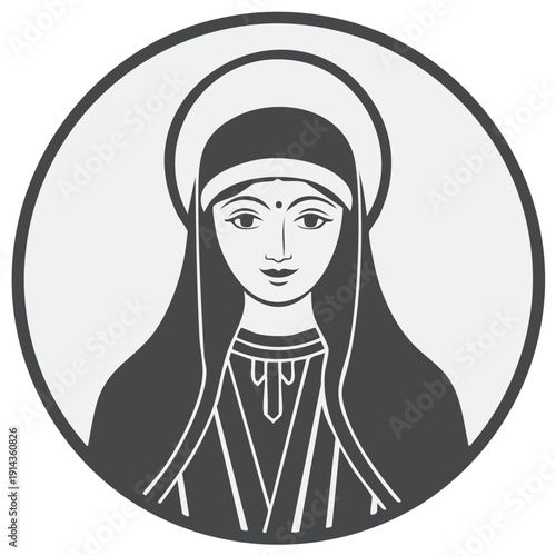 Illustration of a woman with a halo in a circular frame, religious symbolism