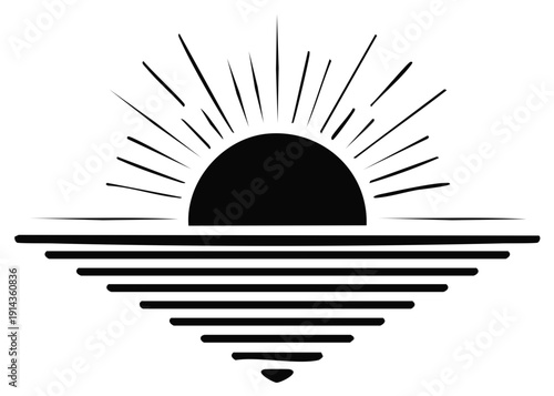 Rising sun over water minimal illustration radiates light symbol of hope and new beginnings simple design sunrise horizon