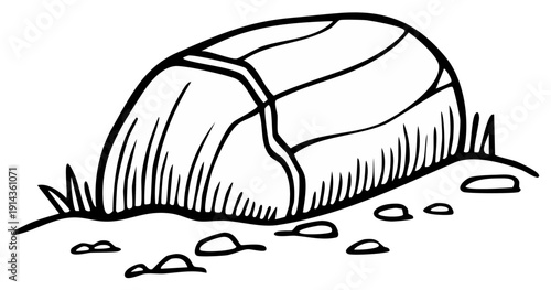 Monochromatic line art illustration of a robust weathered rock, cracked and nestled amidst sparse grass and small pebbles on the ground.