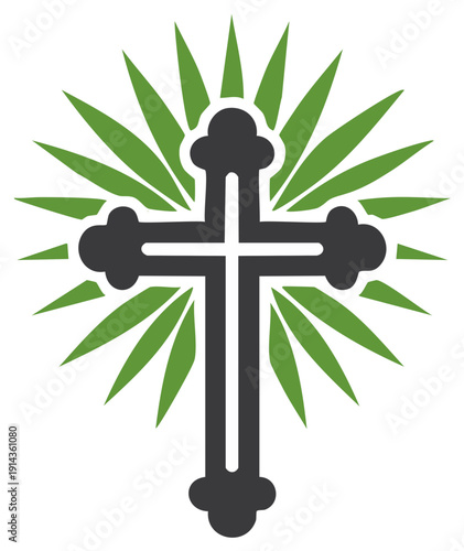 Stylized Christian Cross with radiating green leaves symbolizing growth and faith