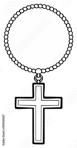 Minimalist religious cross pendant hanging from beaded necklace, line art design for Christian faith symbolism and spiritual connection, simple and clean illustration