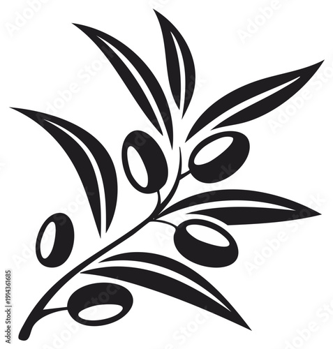 Stylized Black Silhouette of an Olive Branch with Leaves and Fruit