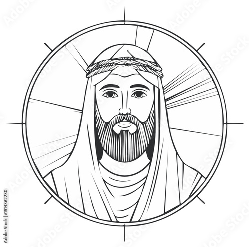 Biblical Figure Portrait With Radiant Aura Stylized Line Art Religious Symbol