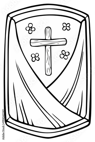 Outline drawing of a medieval shield featuring a wooden cross and decorative clover symbols