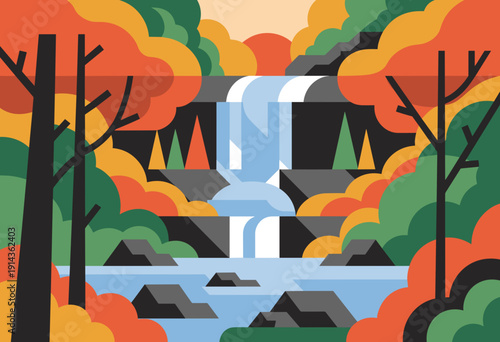 Vibrant Autumn Falls Festival Poster Featuring Cascading Waterfall Surrounded by Colorful Fall Foliage