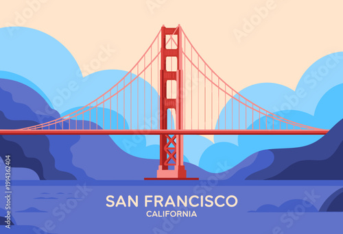 Stylized Illustration of the Iconic Golden Gate Bridge Against a Soft Blue Sky with Mountain Silhouette