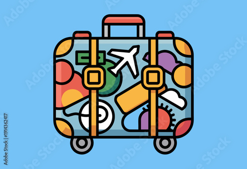 Colorful Travel Suitcase Adorned with Stickers and Icons Symbolizing Adventure and Exploration on a Bright Blue Background