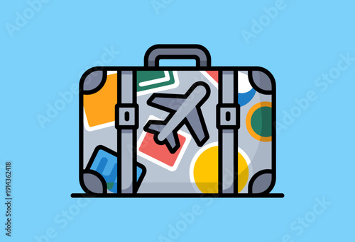 Colorful Travel Suitcase Adorned with Stickers and Icons Symbolizing Adventure and Exploration on a Bright Blue Background