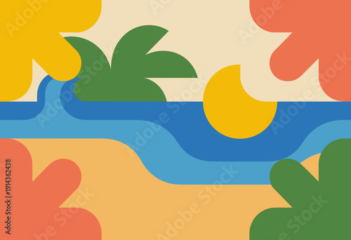 Vibrant Summer Beach Scene with Stylized Waves and Palm Leaves in Bright Color Palette