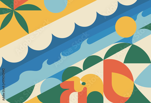 Vibrant Abstract Composition of Waves and Geometric Shapes Evoking Summer Vibes and Energy