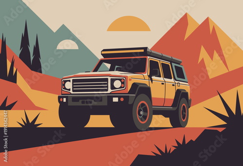 Adventure-Ready Off-Road SUV Driving Through Vibrant Mountain Landscape at Sunset