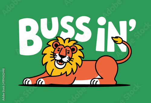 Playful Cartoon Lion with Cheerful Expression on Bright Green Background