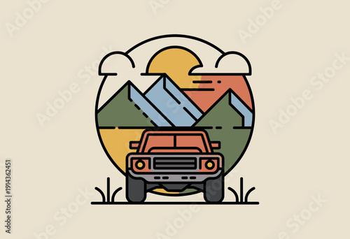 Stylish Off-Road SUV against Majestic Mountains and Sunlit Sky in Retro-Inspired Design