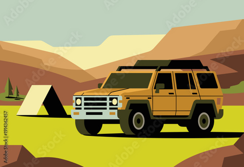 Adventure Awaits: Vibrant Yellow SUV Parked near Tranquil Campsite in Serene Mountain Landscape