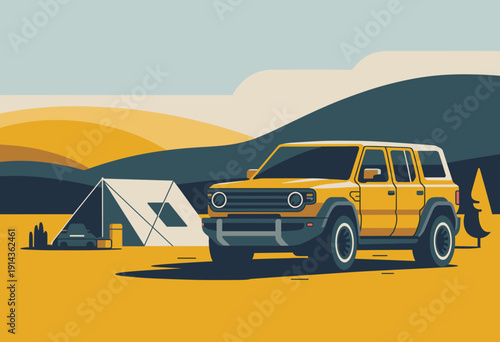 Adventure Awaits: Vibrant Yellow SUV Parked near Tranquil Campsite in Serene Mountain Landscape