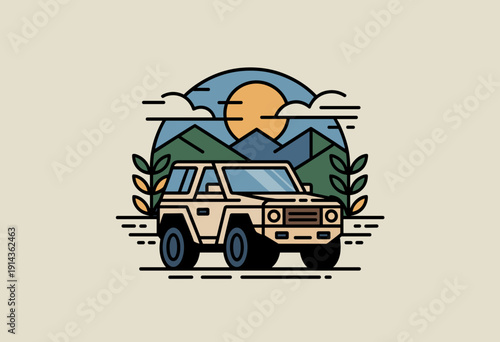 Stylish Off-Road SUV against Majestic Mountains and Sunlit Sky in Retro-Inspired Design