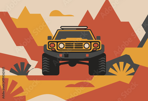Adventure-Ready Off-Road SUV Driving Through Vibrant Mountain Landscape at Sunset