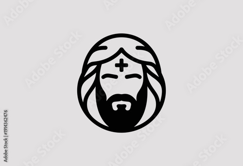 Stylized Jesus Icon with Serene Expression and Bold Black Outline on Soft Gray Background