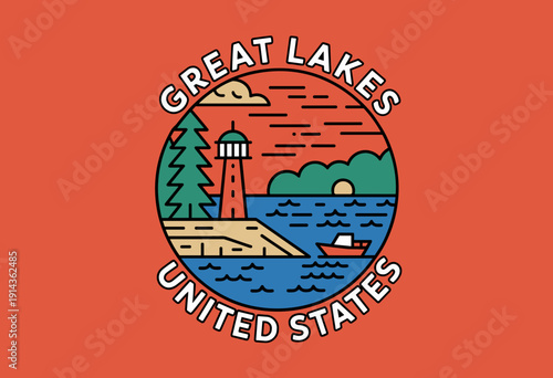 Colorful Illustration of Great Lakes Lighthouse with Vibrant Red Background and Scenic Water Scene