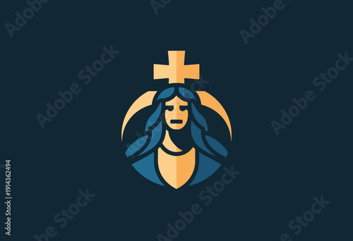 Stylized Icon of a Serene Figure with Cross Emblem in Warm Earthy Tones