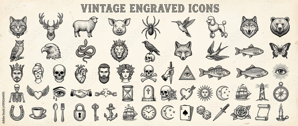 Obraz premium Explore the beauty of vintage engraved icons featuring animals, nature, and mystical symbols in intricate detail