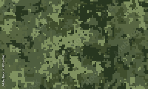 Abstract digital camouflage pattern.  Perfect for backgrounds, textures, or militarythemed designs.  Versatile shades of green create a seamless, pixelated effect, ideal for print or web use.