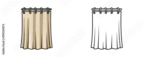 Beige shower curtain on a rod shown in colored cartoon and black outline styles with soft folds representing bathroom interior design isolated on white background