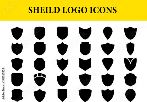 Collection of blank shield emblem templates in different shapes, heraldic crest logo icons for premium branding and security identity, minimalist black silhouette vector set