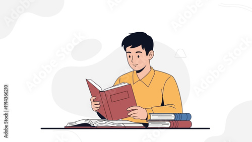 Young Man Reading Book At Desk With Stacked Books, Studying Knowledge