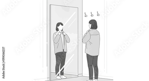 Woman looking in mirror, self reflection, style choice, outfit preparation