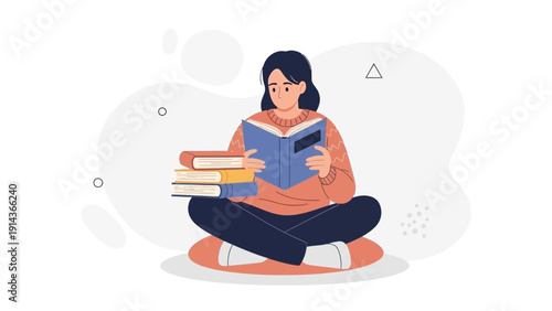 Young Woman Reading Book Sitting Cross-legged on Floor