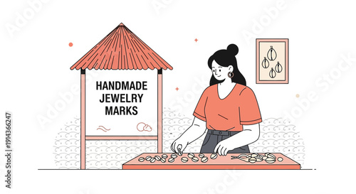 Woman making handmade jewelry marks at a stall, illustration