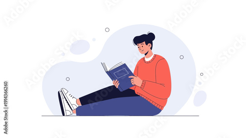 Young man reading a book, sitting on floor, illustration, relaxed lifestyle concept