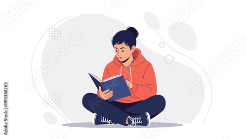 Young person in hoodie reading book, sitting cross-legged, illustration